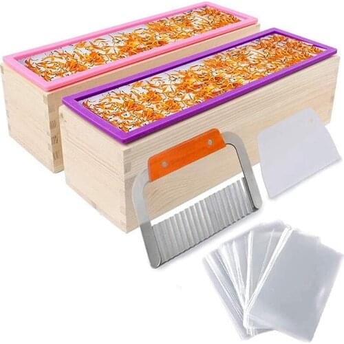2Pcs 42oz Soap Mold, Rectangular Silicone Mold Set for Make Soap, with Wooden Boxes,2 Cutters and 100Pcs 4X6 Inches Bags