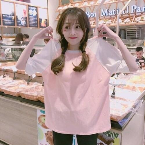 2021 Summer New T-shirt Japanese Sweet Girl Short-sleeved O Neck Pink Oversized Tshirt Tops Women Fashion Streetwear Casual Tops