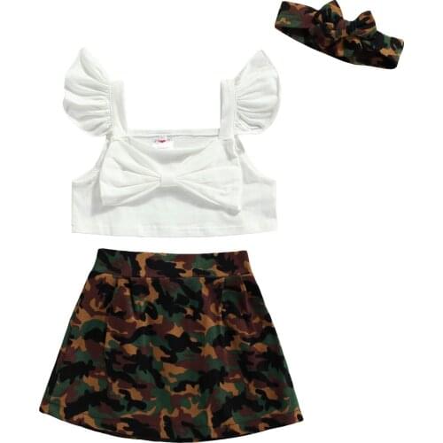 2021 1-6Y Casual Toddler Girl Clothing Set White Solid Bow Square Collar Fly Sleeve Crop Top+Leopard A-line Skirts Summer 3pcs