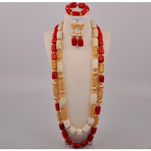 White and Red African Wedding Coral Beads Jewelry Set for Men Women Costume Necklace Nigerian Bride Set Groom Set