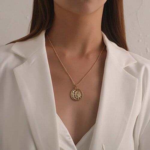Fashion Gold Silver Color Hollow Circle Sun Moon Necklace Pendant Women Personality Simple Round Beads Chain Necklace Jewelry