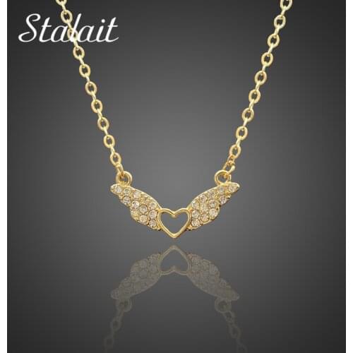 Full Rhinestones Angel Wings Necklace For Women Gold Color Heart Pendant Necklace Jewelry For Anniversany Gift