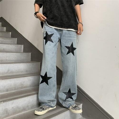 Summer Distressed Ladies Jeans High Street Vintage Washed Mopping Floor Fried Trendy Mens Star Pattern Casual Wide-Leg Trousers