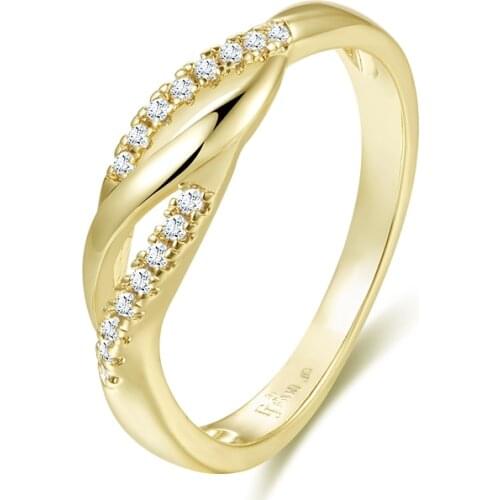 FJ 5mm Wide Women Light Yellow Gold Color Row White Crystal Party Rings Jewelry