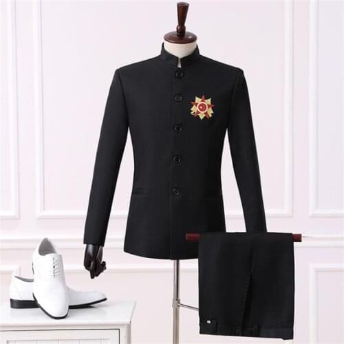 Chinese tunic suits mens clothing chaquetas de traje costume embroidery stage singer host black stand collar blazer hombre