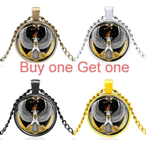 Classic Egyptian Mythology Eagle Horus Bronze Glass Dome Vintage Pendant Necklace Jewelry Men Women Cool Accessories Gifts