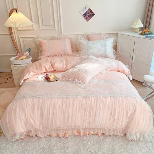 Luxury Pink 100% Cotton Soft Cozy Princess Wedding Bedding Set Lace Embroidery Duvet Cover Bed Sheet Bed Skirt Pillowcases 4Pcs