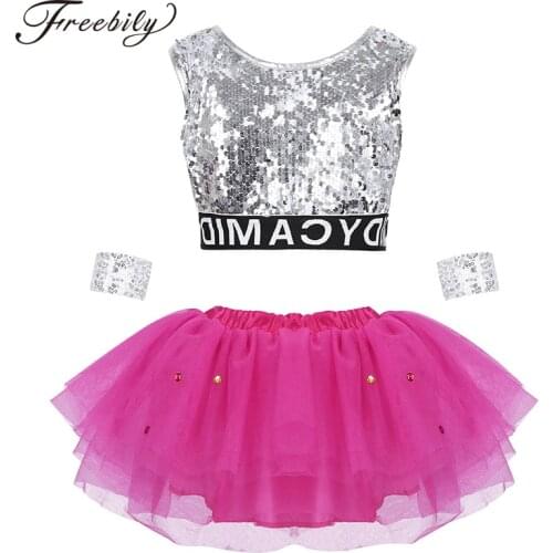 Kids Girls Stage Performance Wear Hip Hop Jazz Modern Dance Costume Sparkly Sequins Metallic Crop Top with Mesh Tutu Skirt Set