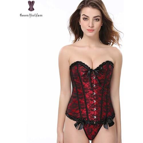 Lace Up Red Corset With Bow Overbust Plus Size Sexy Women Outwear Corselet Pink Blue Apricot Corsets Elastic Boned S-6XL Bustier