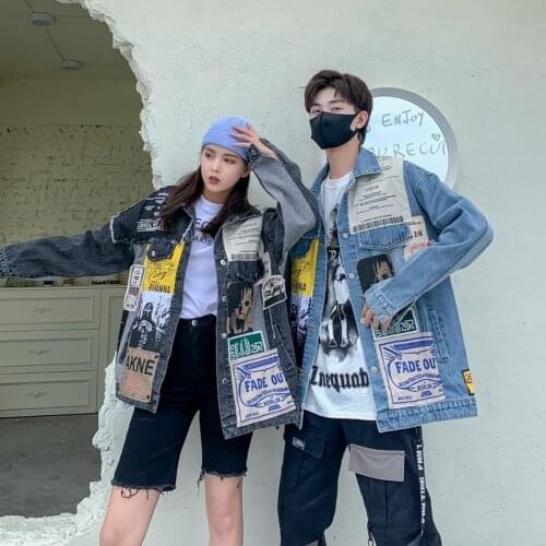 Pattern Large Size Black Denim Jacket Vintage Full Sleeve Appliques Newspaper Leisure Trend Coat 2021 Autumn New