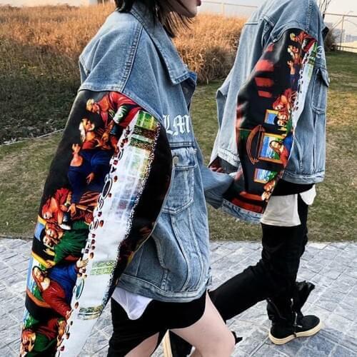 Vintage Oil Painting Embroidery Mens Denim Jacket Fashion Unisex Loose Boyfriend Style Jean Coat Individuality Couple Jackets