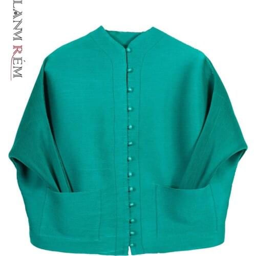 LANMREM Women Folds Green Short Button T-shirt New Stand Long Sleeve Fashion Tide Autumn And Autumn 2021 2E1406