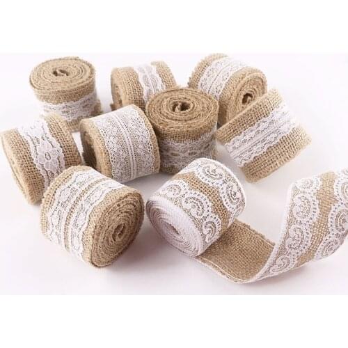 2m Natural Jute Burlap Ribbon White Lace Trim Edge DIY handmade greeting card wrapping Party Vintage Wedding Decoration Ribbon