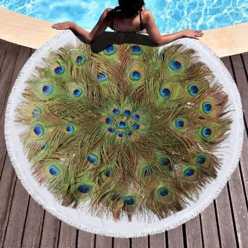 Mylb Microfiber Summer Sea Beach Towels Round Peacock Feathers Bath Towel Print Swimwear Cloak Shawl Yoga Mat for Summer Women