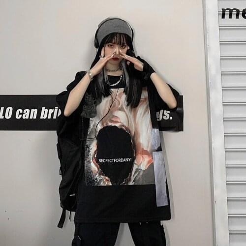 Summer new loose cartoon print round neck short-sleeved T-shirt female Korean style fashion diverse trend mid-length T-shirt