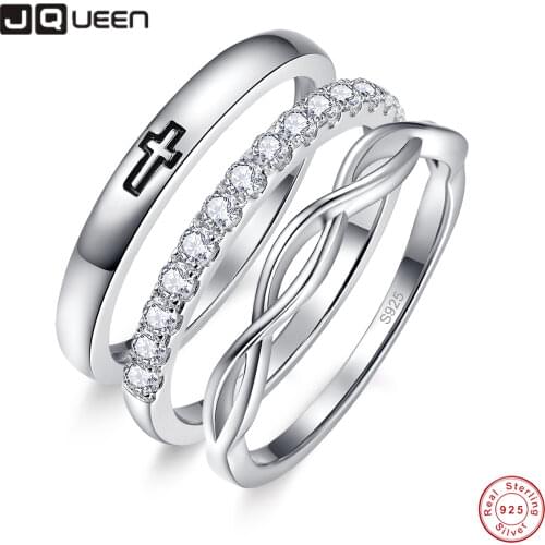 JQueen 3pcs ring set black cross 925 Sterling Silver Round Wedding Ring Women Engagement Band Eternity Zirconia Jewelry