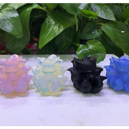 Natural Crystal Stone Opal Obsidian Carving Nine-Tailed Fox Quartz Gem Healing Mineral Reiki Amulet Home Decoration Gift