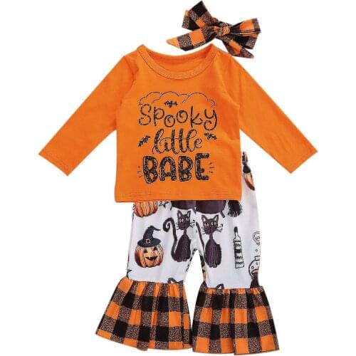 2020 New Fall Autumn Halloween Baby Girls 3Pcs Outfit SPOOKY LITTLE BABE Letter Printed Long Sleeve Top+Flared Pants+Headband