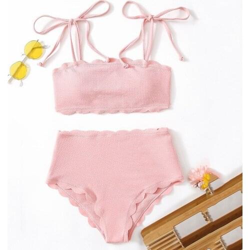 Sexy High Waist Bandeau Bikini 2021 Mujer Pink Scalloped Edge Swimwear Push Up Swimsuit Two Piece Bikinis Set Bathing Suit