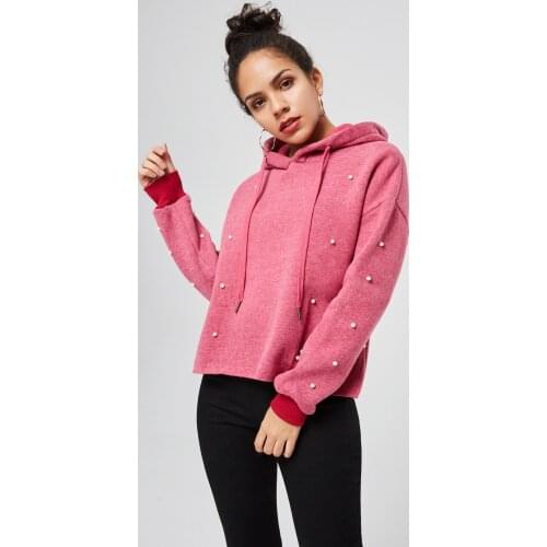 Simple Bead Decor Pullover Womens Hoodie Casual Sports Fleece Girls Hooded Sweatshirt Fashion Spring Fall Female Loose Tops