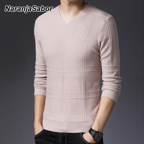 NaranjaSabor New Mens V-neck Knit Sweater Winter Mens Fashion Slim Solid Color Pullover Simple Style Male Casual Sweaters N691