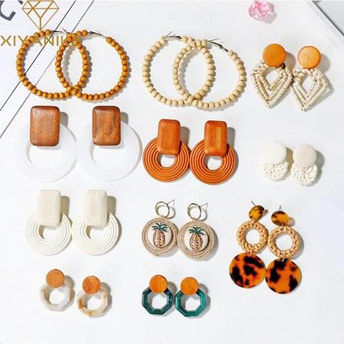 XIYANIKE Bohemian Korean Handmade Bamboo Wood Geometric Rattan Weave Straw Knit Vine Drop Earrings For Women Boho Party Jewelry