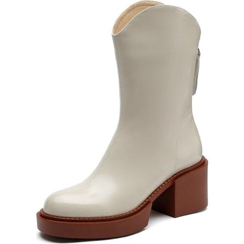 Autumn Winter Mid Calf Boot Elegant Thick Bottom High Heel Genuine Leather Shoes Platform Footwear Square Toe Women Fashion A113