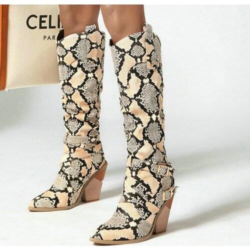 Knee High Boots Western CowboyB Lack Boots for Women Long Winter Boots Pointed Toe Cowgirl Boots Women Chunky Wedges Boots