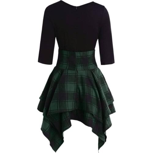 2020 Summer Fashion Dress Women Casual Lace Up Tartan Plaid Elegant Mini Dress Asymmetrical Short-Sleeve O-Neck Casual Dress