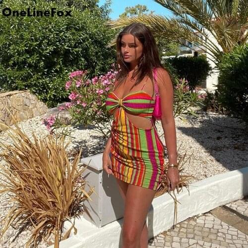 OneLineFox Womens Striped Panelled Mini Dress Camisole Backless Show Waist Skinny Sexy Midnight Party Bodycon Club