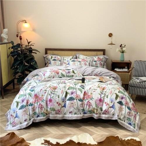 White Floral Plant Reactive Printing Cotton Duvet Cover Bed Linen Fitted Sheet Pillowcases Bedclothes King Queen Size 4PCS