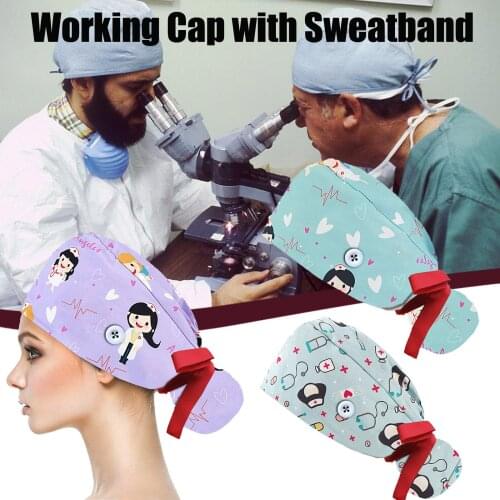 Nurse Uniform Accessories Nurse Cap Unisex Working Cap Sweatband Bouffant Turban Hat Button Tie Back Adjustable Sweat strip