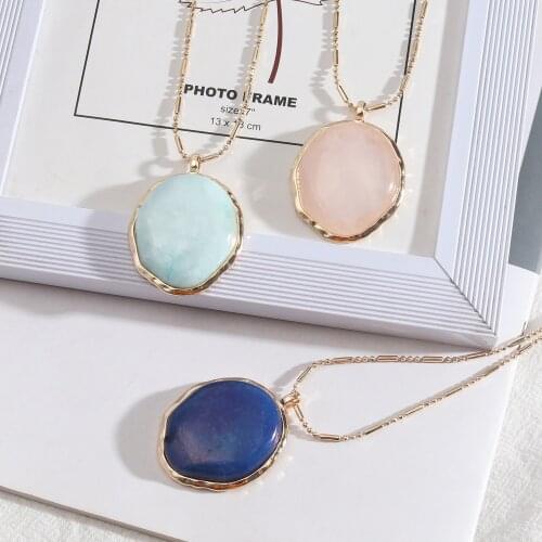 Bohemia Faceted Healing Pink Blue Green Stone Crystal Pendant Necklaces Geometric Long Chain Sweater Dress Acc Women Jewelry