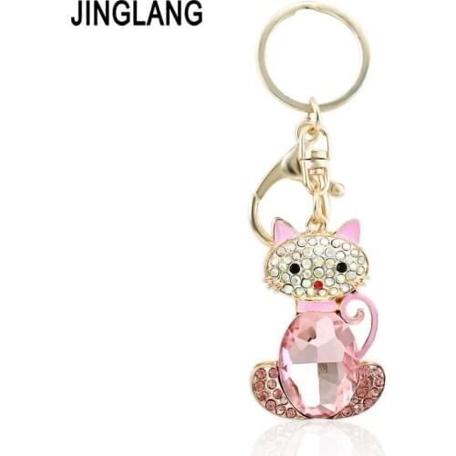 JINGLANG Gold Color Lobster Clasp Keyring Crystal Cat Animal Charms Keychains For Women Handbag Jewelry Pendants