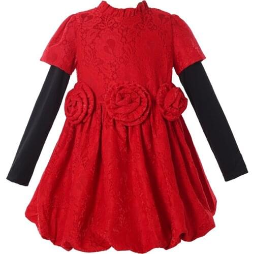 Big Girl Red Lace Ruffle Rose Dress Black Long Sleeves Children Kids Fance Outfit Party Wear Size 3 5 7 Years Old 2021