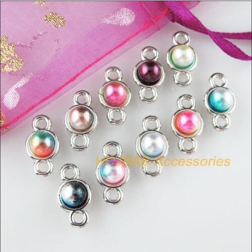 40Pcs Dull Silver Plated Round Colored Acrylic Charms Connectors 8.5x16mm