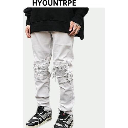 Knee Patchwork Ripped Destroied Denim Jean Trousers Mens Hip Hop Distressed Biker Jeans Fashion High-street Slim Pants Jogger