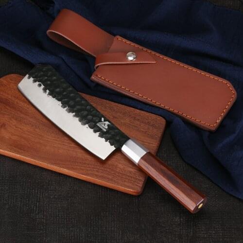 BIGSUNNY Handmade Bone Chopper - Hammered Butcher Knife - Stainless Steel - 7.5 Inch Blade - Octagonal Rosewood Handle