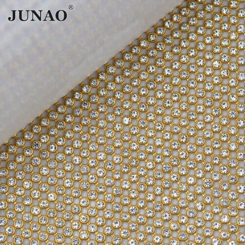 JUNAO 45x120cm Clear Hotfix Rhinestones Mesh Sheet Glass Crystal Trim Fabric Gold Aluminum Mesh Strass Applique for Dress Crafts