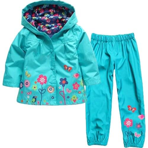 Raincoat Set Girls Clothing Set Autumn Flower Hooded Rain Coat + Pants 2Pcs Suit For Girl Kids Birthday Present Christmas gift