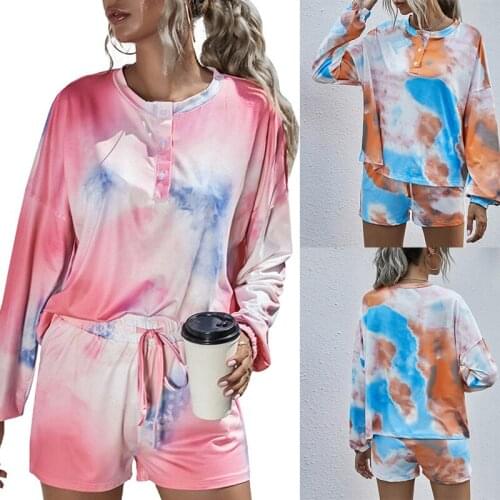 Colorful Yoga Clothes Womens Tracksuits Loose Long Sleeve Printed Sportswear Pullover Shirts Drawstring Shorts Two Piece Suits