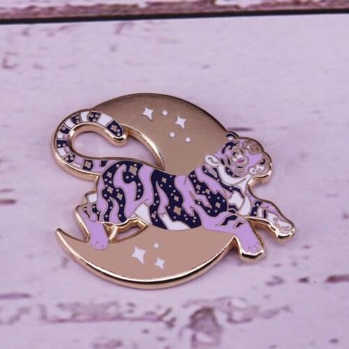 Moon Stars tiger Brooch Cute Animal Badge adventure explore jewelry