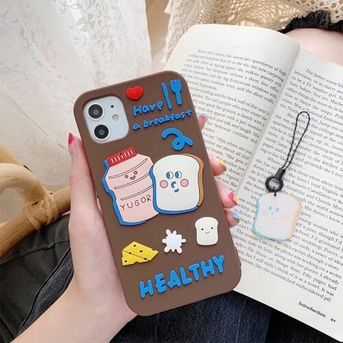 Cute Cartoon Bread Lanyar Phone Case For iphone 12 Mini 11 pro max XR XS Max 6 7 8 Plus SE 2020 Soft Silicone Back Cover Coque