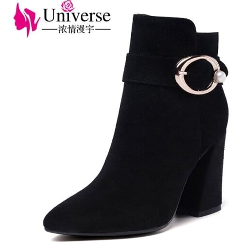 Universe fashion metal decoration kid suede ankle boots for women comfy chunky heel ladies shoes G366