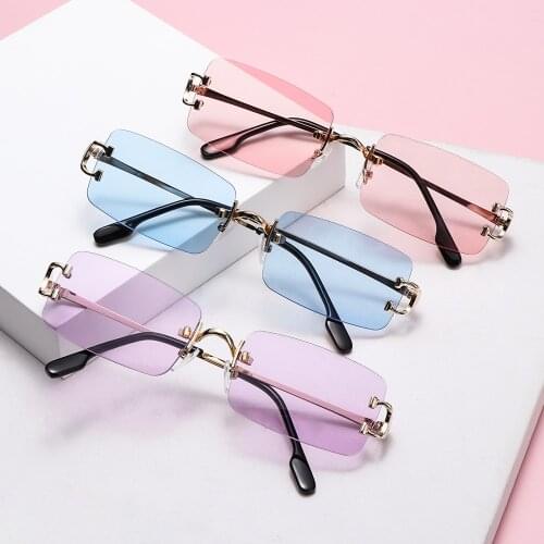 Fashion Tinted Lens Glasses Frameless Rectangular Sunglasses Men Women Rimless Outdoor Metal UV 400 Eyewear 2021