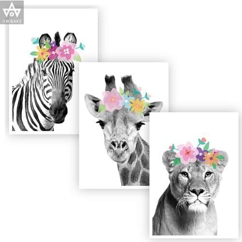 Baby Animals Canvas Poster Nursery Giraffe Tiger Flower Wall Art Print Modern Animal Painting Nordic Kid Bedroom Home Decoration