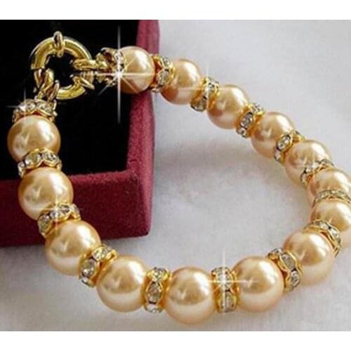New hot 10mm round Gold south sea shell pearl crystal bracelet 7.5" AAA