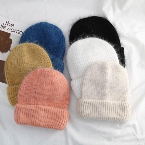 Ladies Cashmere Rabbit Fur Beanies Winter Hat For Women Cold Thick Warm Woolen Knitted Hat Ski Bonnets Cap Wholesale