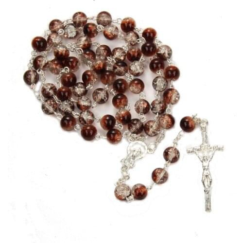 Crushed Stone Bead Cross Rosary Necklace Catholic Christ Holy Father Our Lady Prayer Supplies
