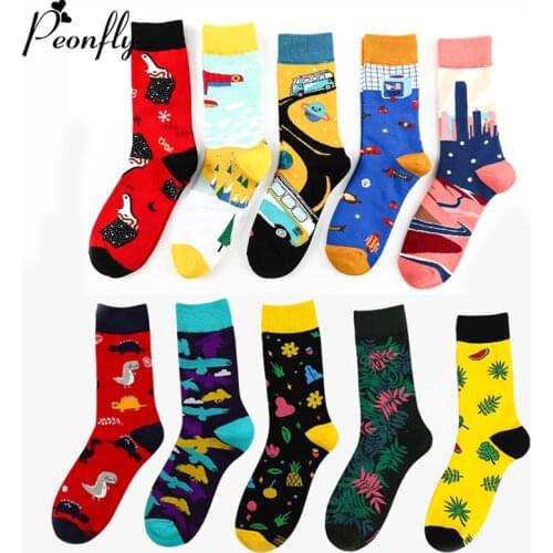 Peonfly Cotton Colorful Mens Funny Cartoon Dinosaur Leaves Pattern Happy Men Skate Harajuku Socks Christmas Gift